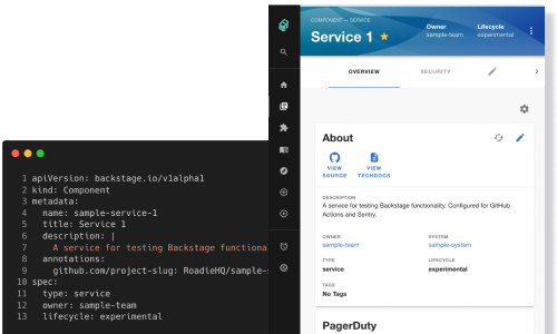 Some YAML code which represents a component in the backstage catalog, along side a screenshot of that component as it looks inside Backstage